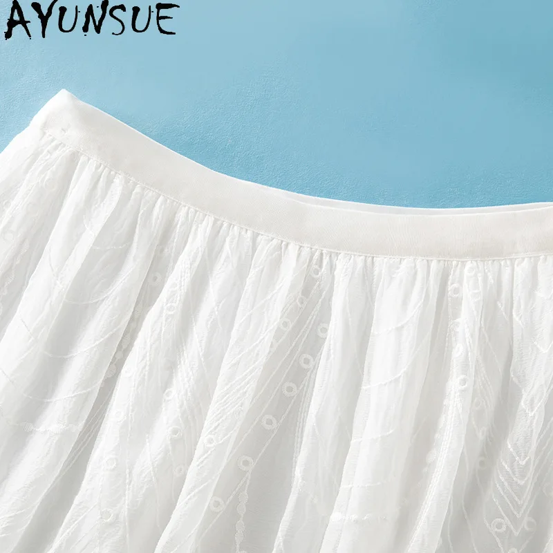 AYUNSUE 100% Silk Pantskirt Woman Solid Elastic Waist Women's Skirts Embroidered A-line Skirts Summer Clothes Woman 2026 Юбка