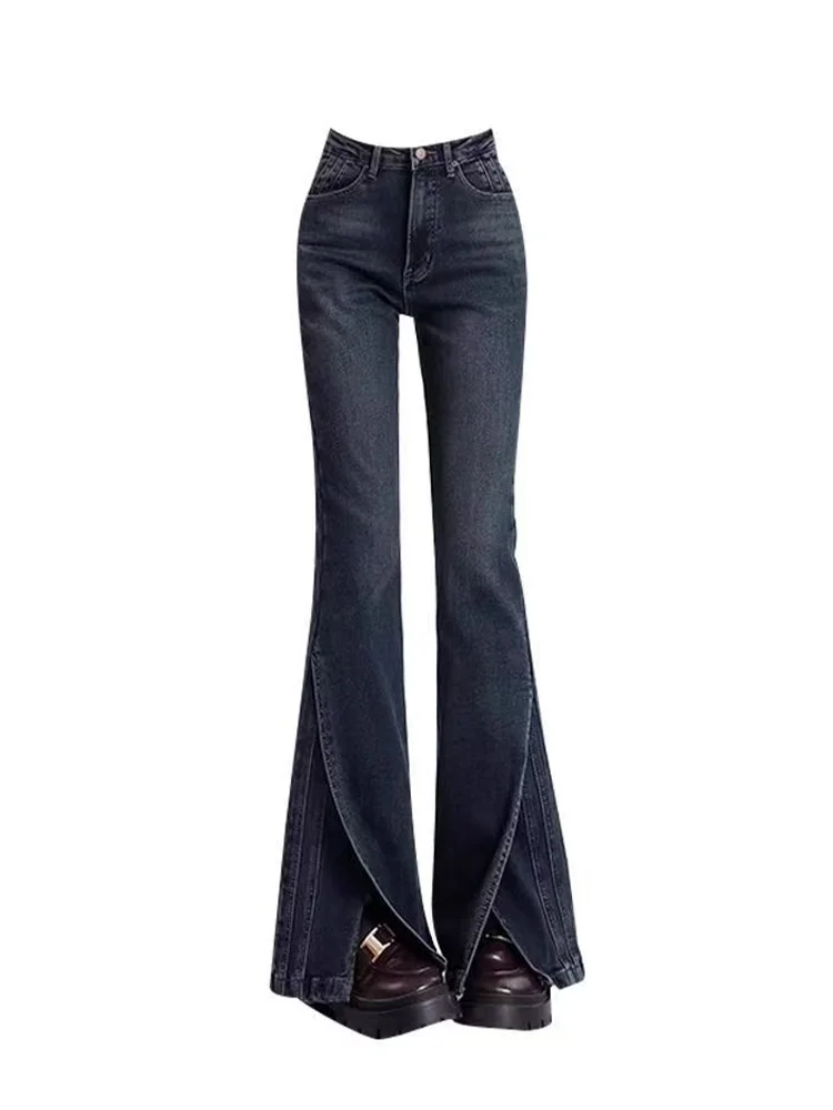 

Женские синие повседневные джинсы с разрезом, мешковатые Y2K, американская уличная одежда в стиле Харадзюку 2000-х годов, эстетичная мода, длинные брюки в стиле ретро, одежда