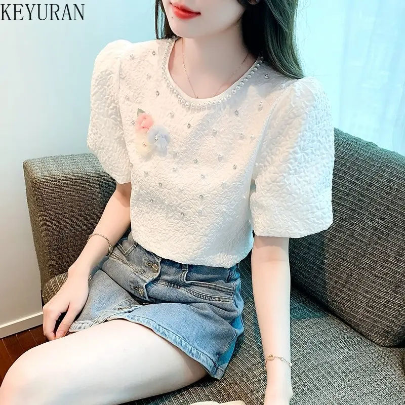 2023 Summer Tshirt Women Vintage Fashion White Peals Beaded Three-dimensional Flower Bubble Short Sleeve T-shirts for Women Tops