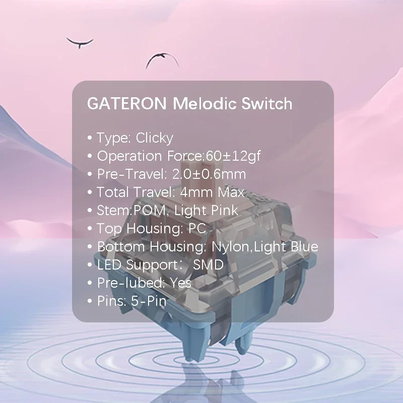 Gateron Melodic Switch 60g Clicky 5-Pin MX Switch for Mechanical Keyboard Pre-lubed Nylon SMD Long Spring Dual Rail DIY F75 F87