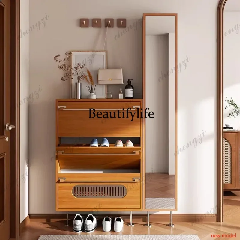 N138Wooden Ultra-thin Shoe Cabinet Flip Bucketthin Storage Living Room Shoe Rack Home Hallway Exterior Space-saving Home Furnitu