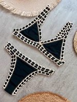 Bikini negro de ganchillo 2025, traje de baño Sexy para mujer, traje de baño femenino, conjunto de microbikini, traje de baño Bandeau, ropa de playa, Bikini brasileño