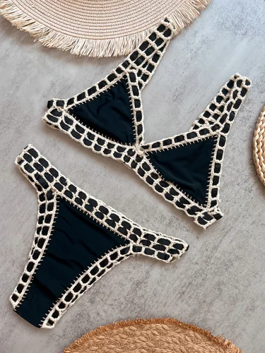 Bikini negro de ganchillo 2025, traje de baño Sexy para mujer, traje de baño femenino, conjunto de microbikini, traje de baño Bandeau, ropa de playa, Bikini brasileño