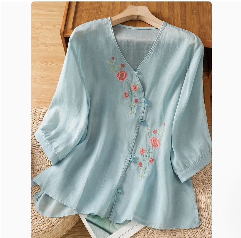 

Льняная рубашка с вышивкой для тяжелой промышленности, женская новая стильная наклонная пластина с пряжкой, новый китайский топ из хлопка и конопли