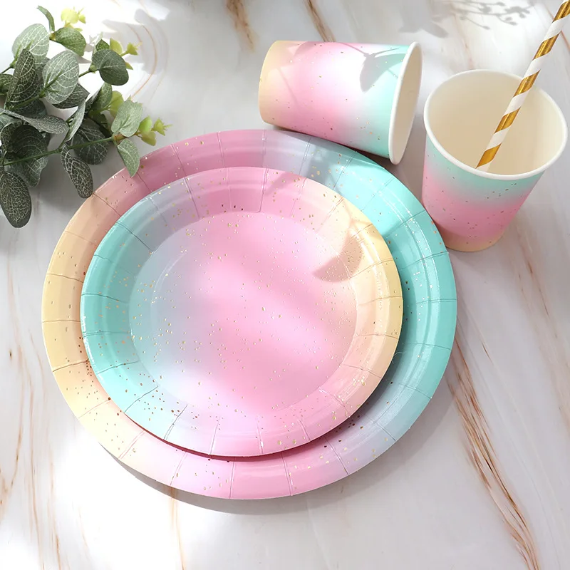 10Guests Rainbow Birthday Disposable Tableware Rainbow Gradient Plates Cups Napkins Kids Girl Happy Rainbow Birthday Party Decor