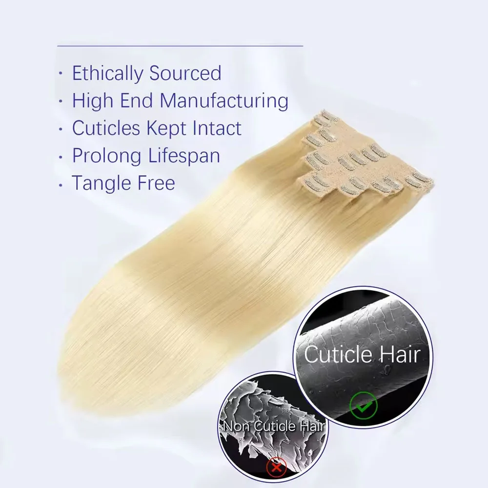 Ekstensi Rambut Clip in 8pcs Ekstensi Rambut Asli Manusia Clip ins Lurus # 613 Ekstensi Rambut Asli Model Jepit 100g