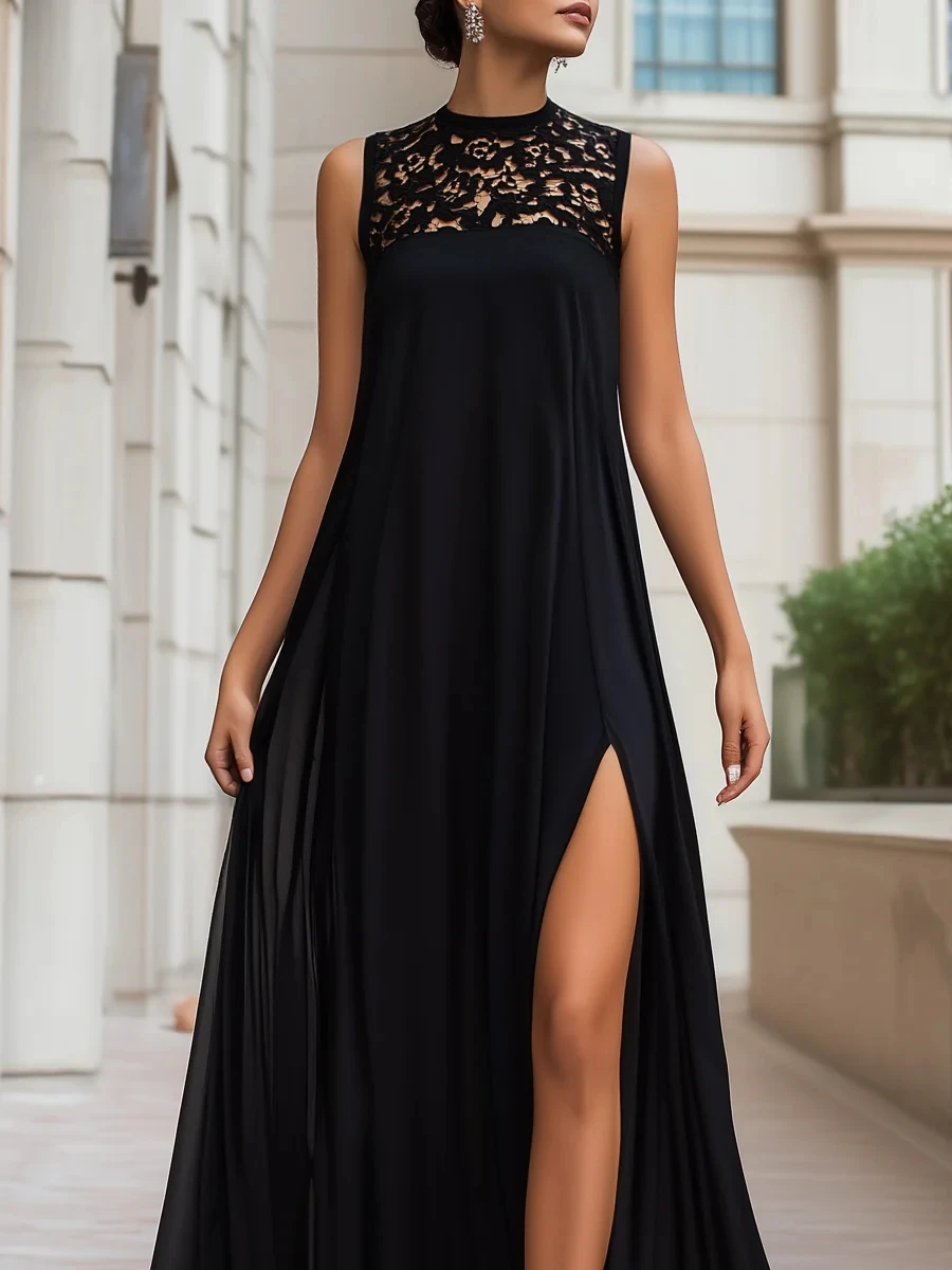 Women's High Collar Cut-out Sleeveless Evening Dresses Customized Black Chiffon A-lien Thigh Slit Ankle Length Prom Gowns Dress