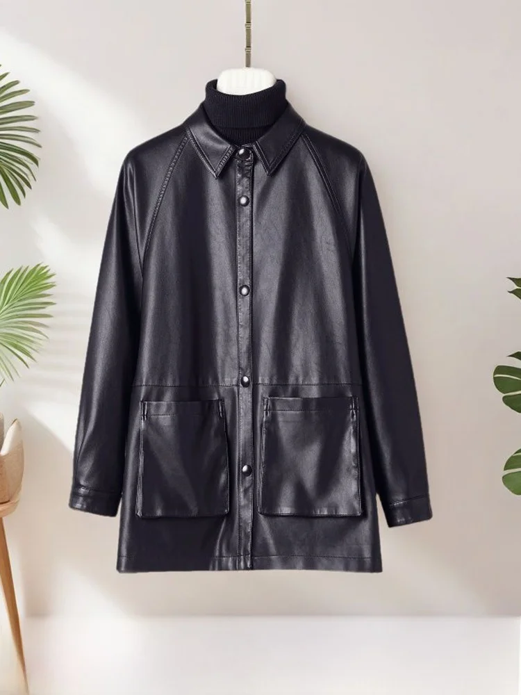 

Женская кожаная куртка Ning из натуральной кожи, средней длины, весна 2025, новая модель, из овечьей кожи, свободного кроя, в байкерском стиле