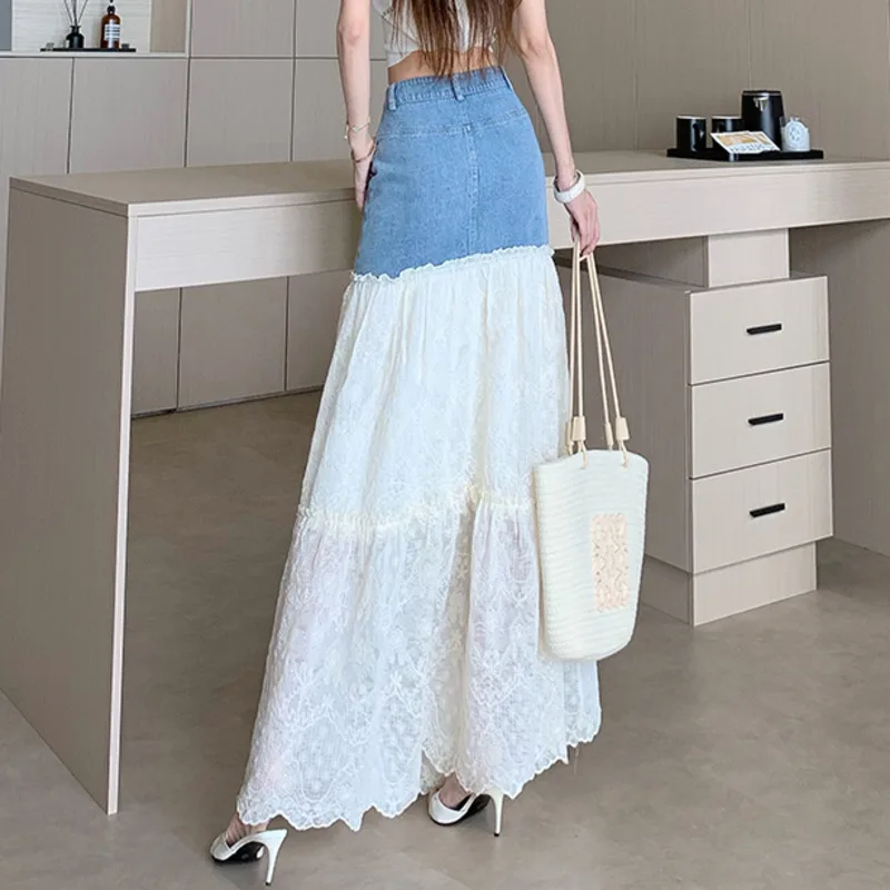 ANJY été nouvelles femmes douce jupe dentelle Patchwork Denim contraste couleur plissée élégant à la mode haute rue décontracté Y2K jupes A9695