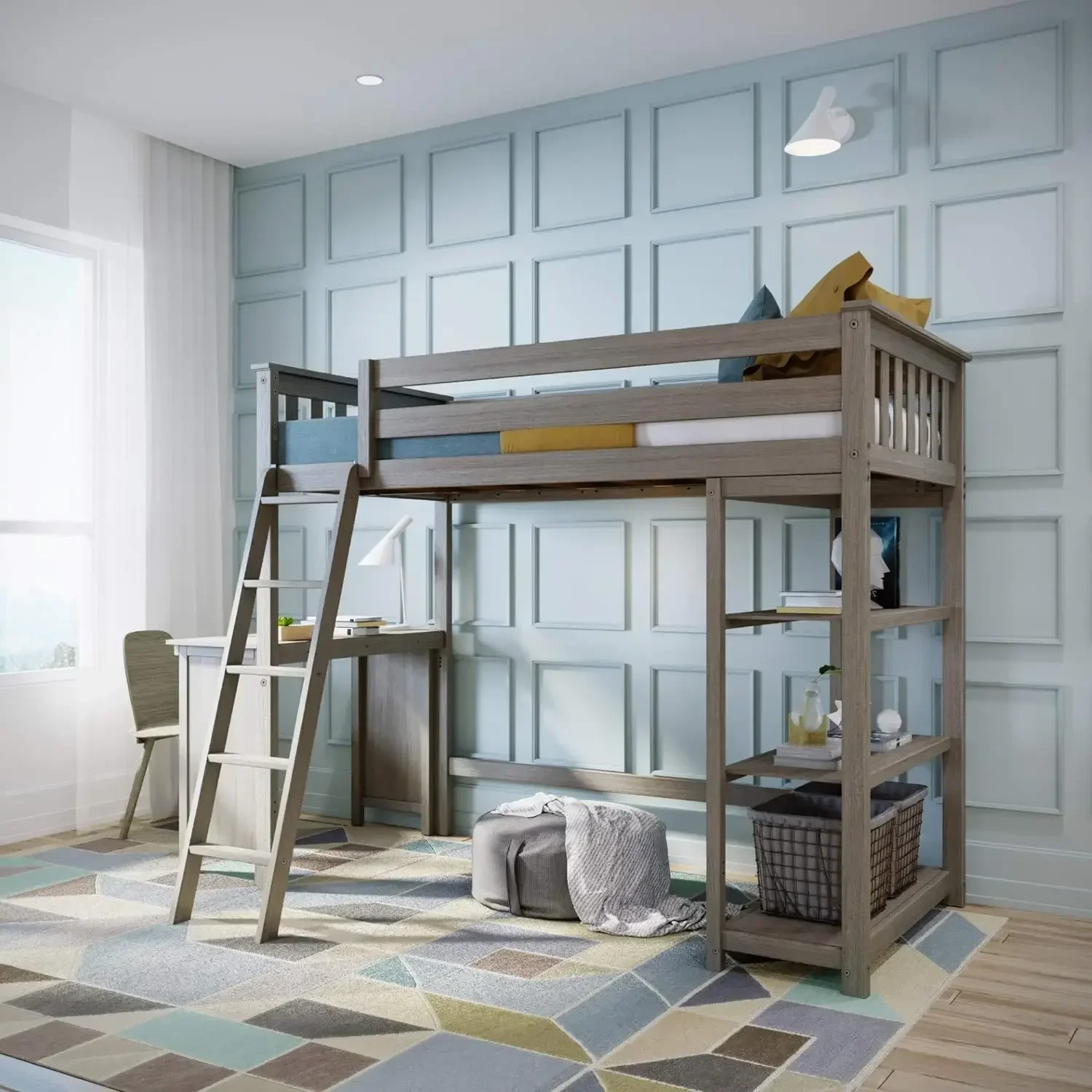 

High Loft Bed, Twin Bed Frame for Kids With Bookcase and Desk, Clay