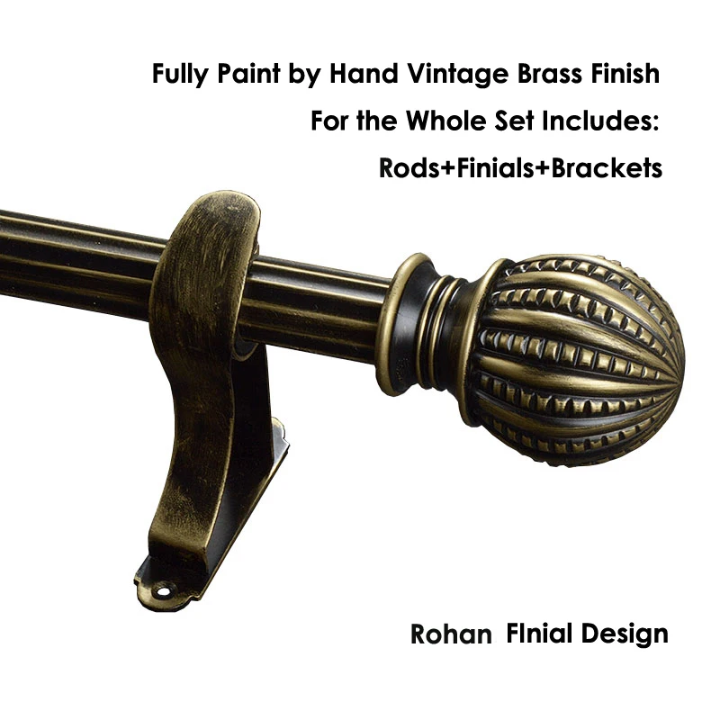 Sungshida Fully Handpaint Craft 28mm Diameter Single Drapery Rod Set Curtain Poles All Vintage GOLD Crown Finial+Metal Brackets