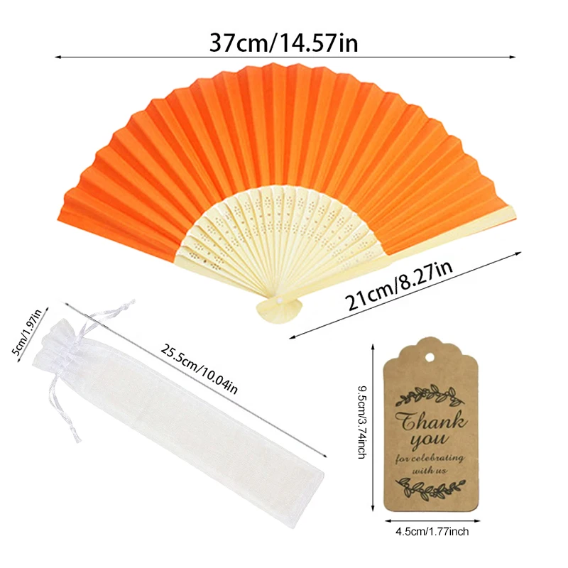 3/15/30Pcs Orange Paper Fan & Bag Set – Includes White Organza Drawstring Pouch & Kraft Tag, Party Favor, Wedding Giveaway TMZ