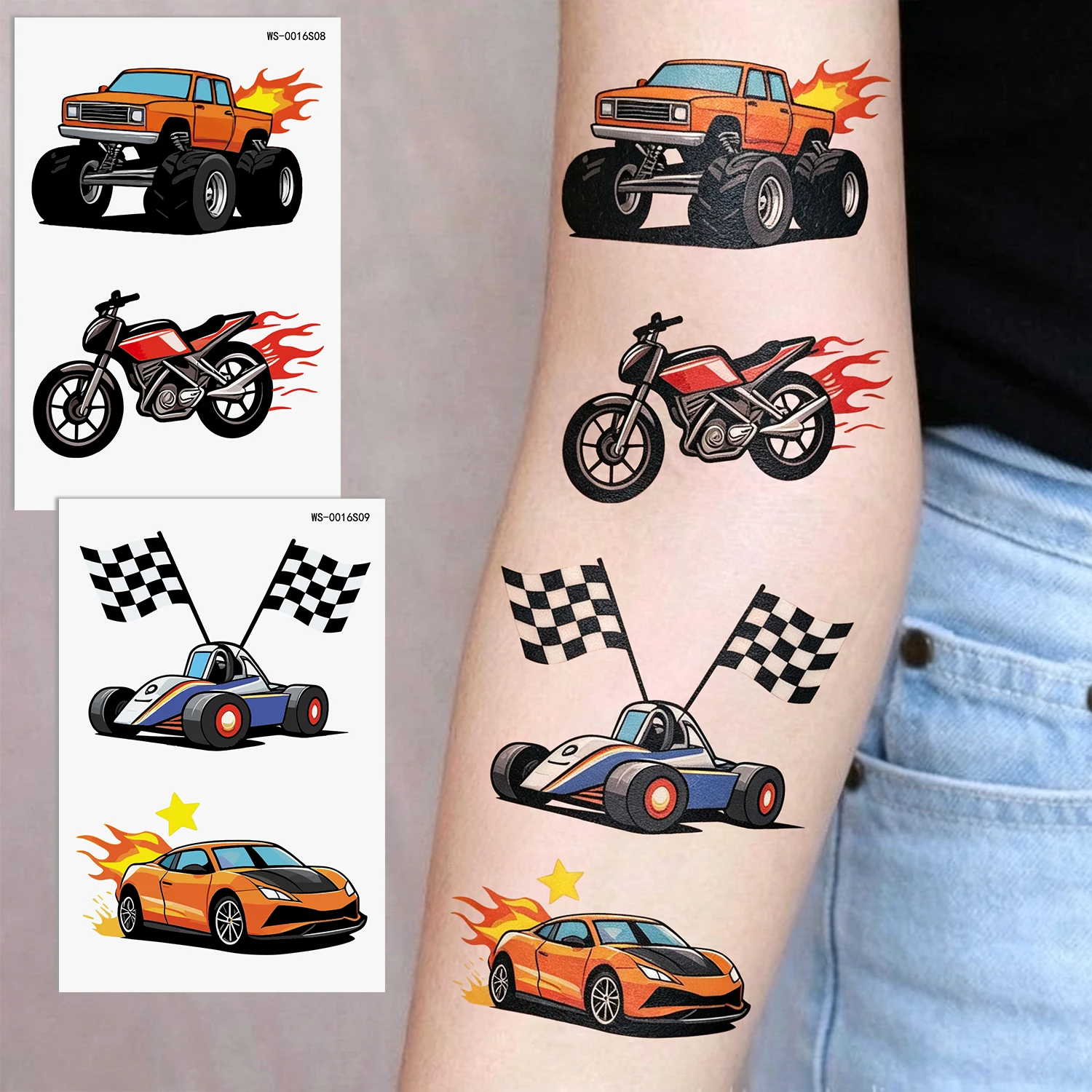 10pcs Cartoon Monster Truck Temporary Tattoos Racing Buggy Off-road Vehicle  Fake Tattoos For Boys Cartoon Flame Car Body Tattoo
