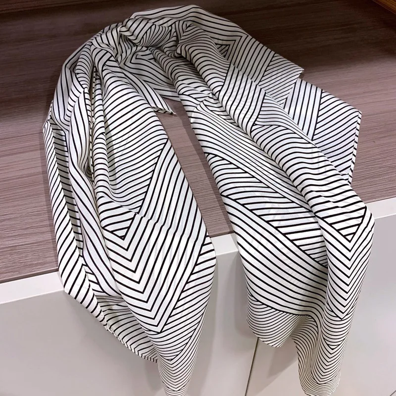 Stripe Print 100% Pure Silk Scarf Wraps Women Summer Fashion Head Scarves Hijab for Hair Wrapping 88*88cm