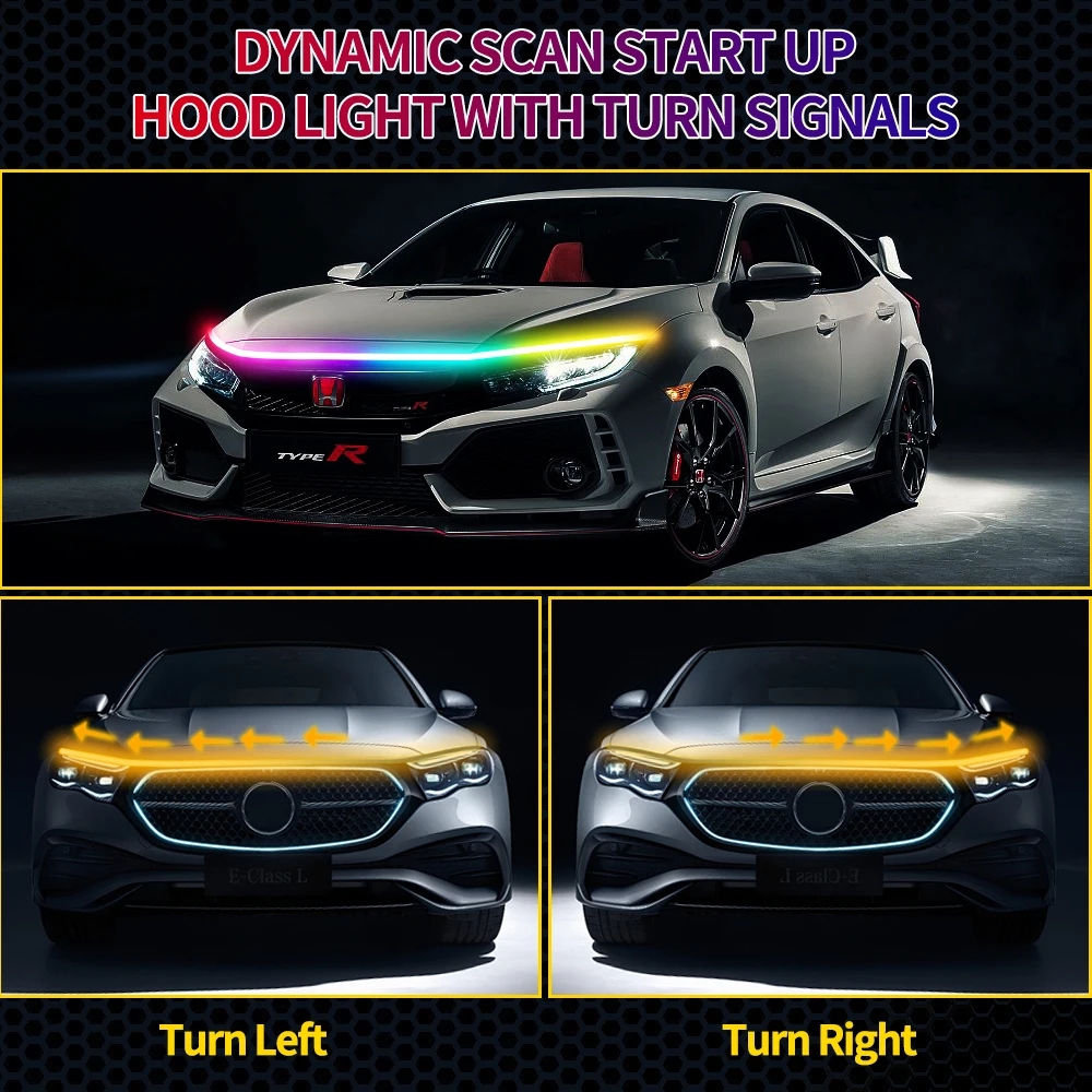 RGB Dynamic Scan Start Up DRL Daytime Running Lights Strip with Turn Signal Lamp Flexible Car SUV Led Hood Light 12V APP Control view 2