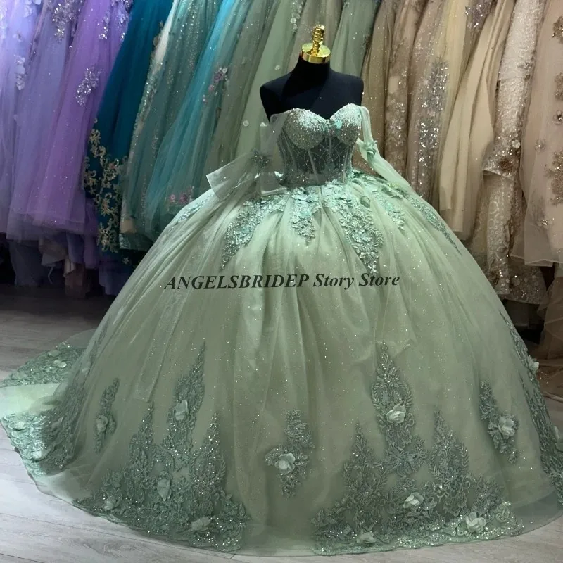 Angelsbridep-Vestido Quinceanera verde fora do ombro, miçangas apliquadas, flor 3D, 16 vestidos doces, 15 anos, verde, 15 anos