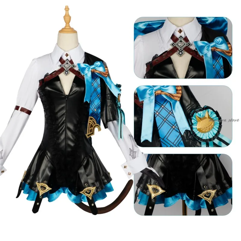 Lynette Cosplay Genshin Impact Costume Parrucca Fontaine Lyney Uniforme in pelle Abito Capelli lunghi Orecchie Gonna Guanto Vestito Coda Mago