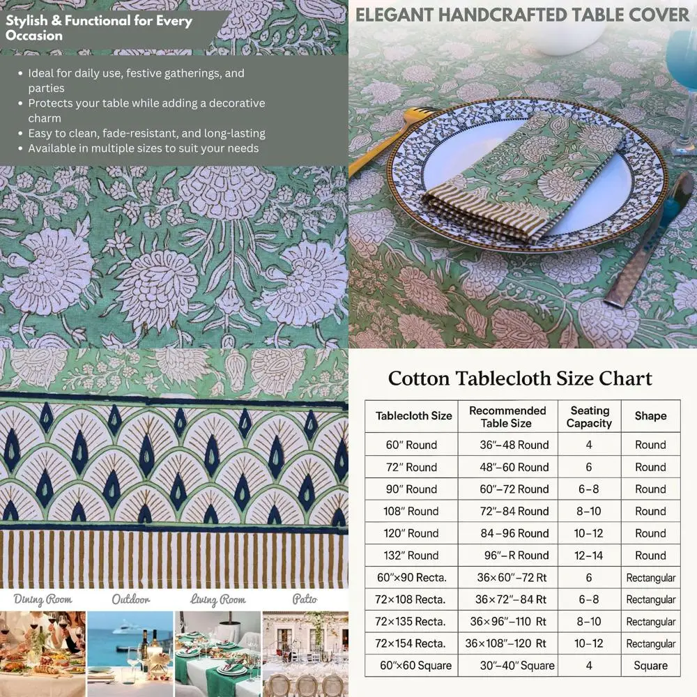 

Скатерть хлопковая квадратная 60x60 см для 6-8 персон - Индийский блочный принт, цветочный узор, льняная - Моющаяся, в стиле бохо, для кухни, вечеринок