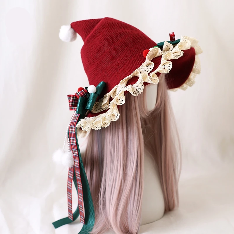 Sombrero de bruja de Navidad Original japonés Lolita, lazo de encaje, sombrero de cuento de hadas para mujer, accesorios de disfraces de fiesta, tocado con lazo