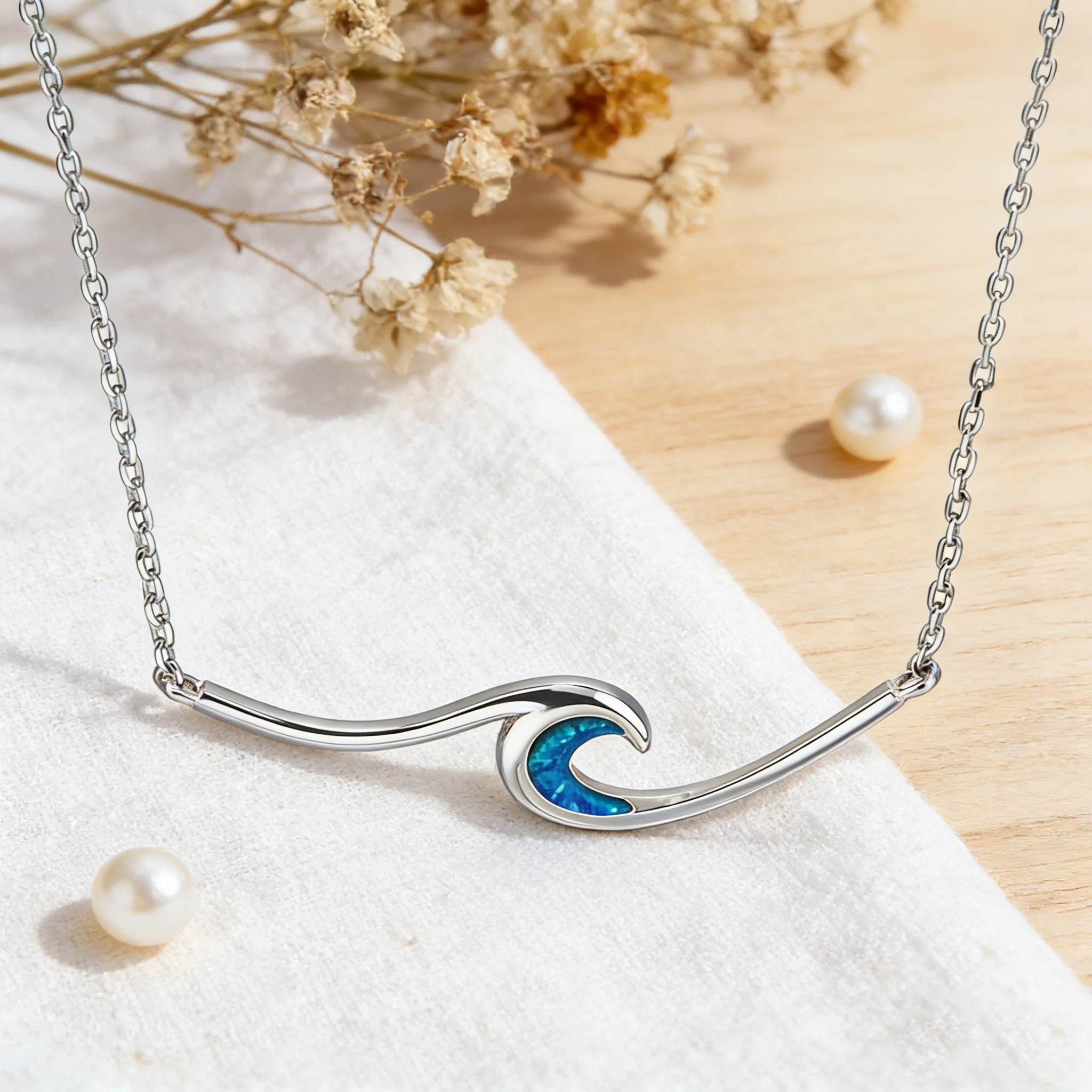 Wave Pendant Necklace with Sparkling Blue Opal,White K Plated Ocean Inspired Jewelry,Minimalist Dainty Chain Gift for Women