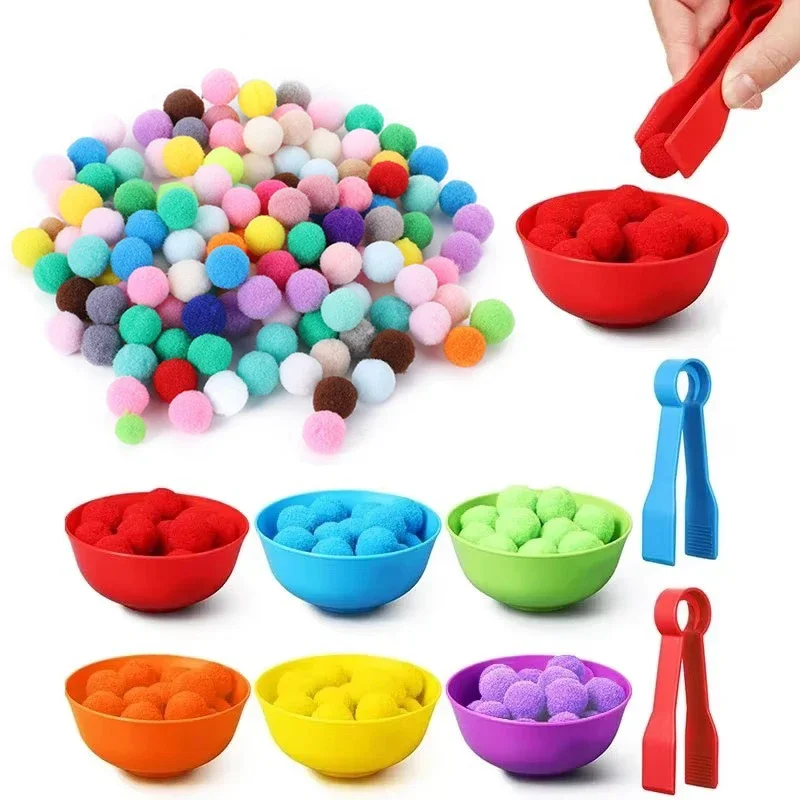 Children Classification Cups Counting and Sorting Toys Set Rainbow Colors Plastic Bowls Tweezers Fine Motor Skill Learning Toys