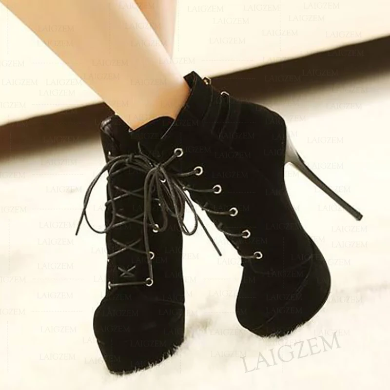 

SEIIHEM Women Ankle Platform Boots Lace Up Faux Suede Round Toe Thin High Heels Booties Ladies Shoes Woman Big Size 40 44 50 52