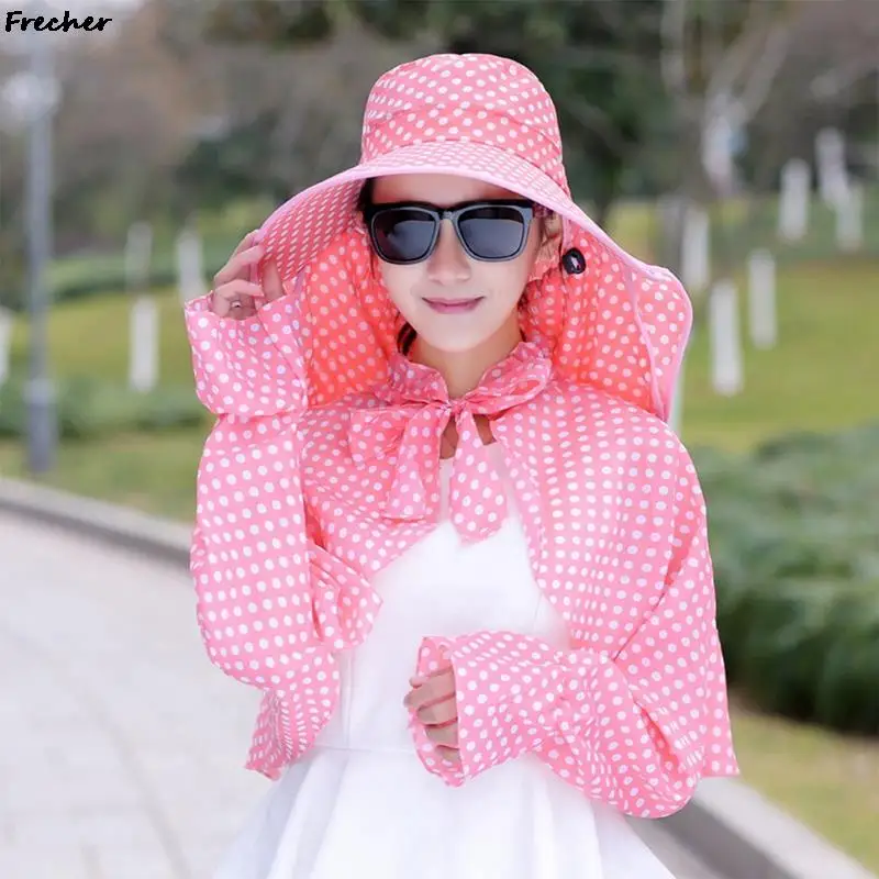 Bucket Hats with Shawl Screen Cover Dot Printing Summer Sun Hat UV Protection Visors Caps Cycling Climbing Hiking Camping Cap