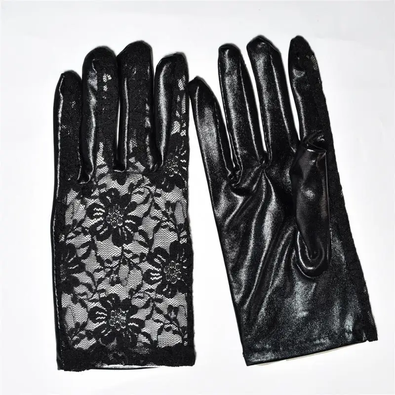 Cool Short Patent Leather Lace Stitching Gloves European and American Metal Punk Style Play Gloves Bar Dance Gloves C008