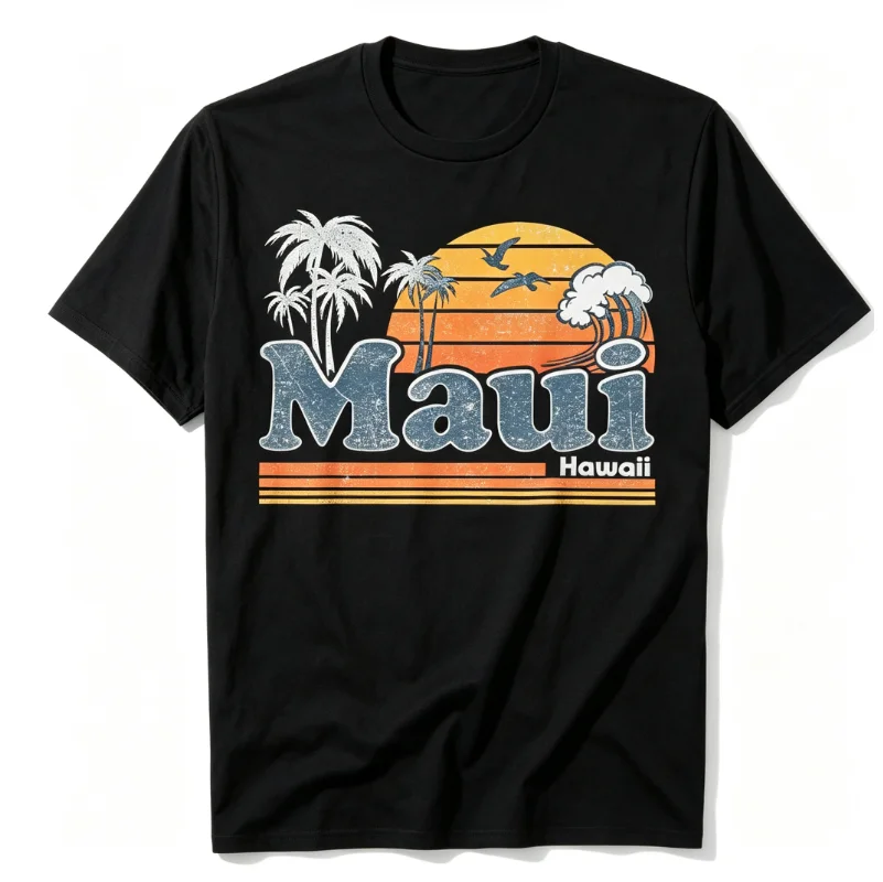 2026 New Family Matching Unisex Oversized T Shirt Maui Hawaii Palm Tree Sunset Ocean Front Print Black Streetwear Tops