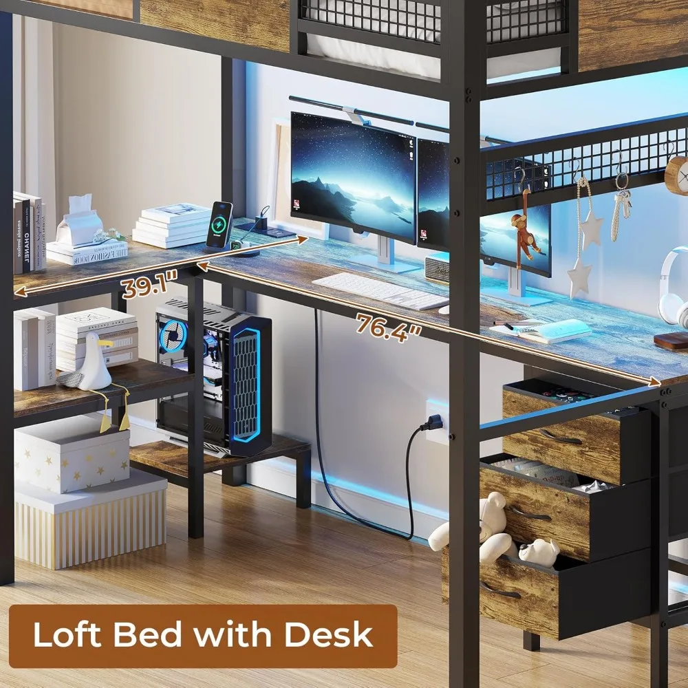 Twin Loft Bed with L-Shaped Desk,Metal Twin Size Bed Frame with LED Lights & Charging Sation, 3 Fabric Drawers,Storage Shelves