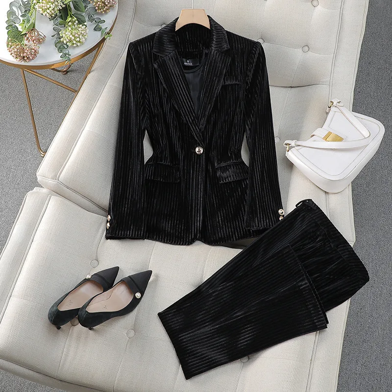 Autumn Winter Golden Coat Blazers Set Women\'s Two Piece Set Corduroy Velvet Suits Long Sleeve Office Lady Wide Legs Pants Suits