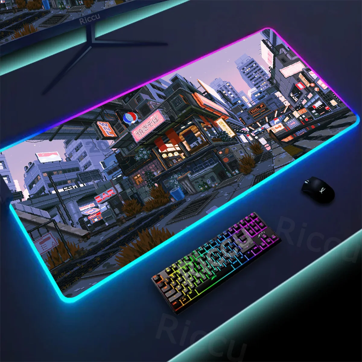 Imagem -03 - Rgb Retro Led Gaming Mouse Pad Neon Tokyo Street Pixel Art Anime Japonês Japonês Skyline City Desk Mat Acessório Multip