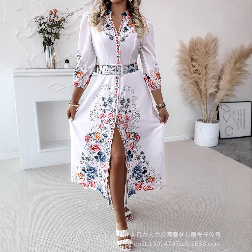 ผู้หญิงพิมพ์ลายดอกไม้ V คอสามในสี่ผูกรายละเอียดเสื้อชุดลําลอง A Line Slim Fit Maxi Dress