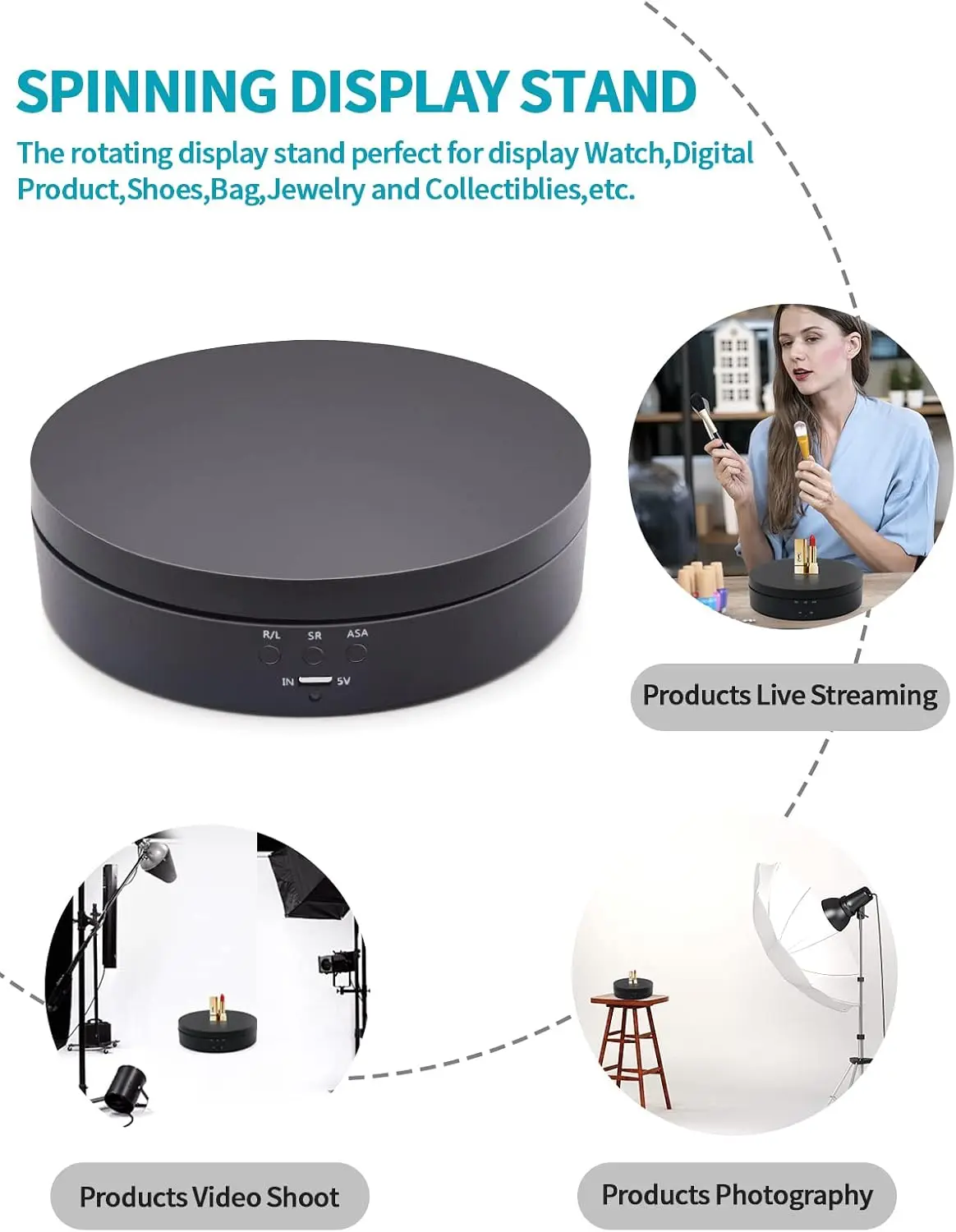 Rotating Display Stand,5.43Inch/6.6lbs Load,Three-Gear Speed, 360° Motorized Rotating Display Stand (Black)
