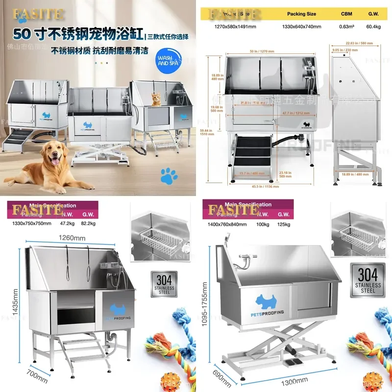 For 50 Inch Stainless Steel Electric Lift Pet Bath Tub Commercial Cat Dog Grooming Station with Optional Stair Ramp Durable