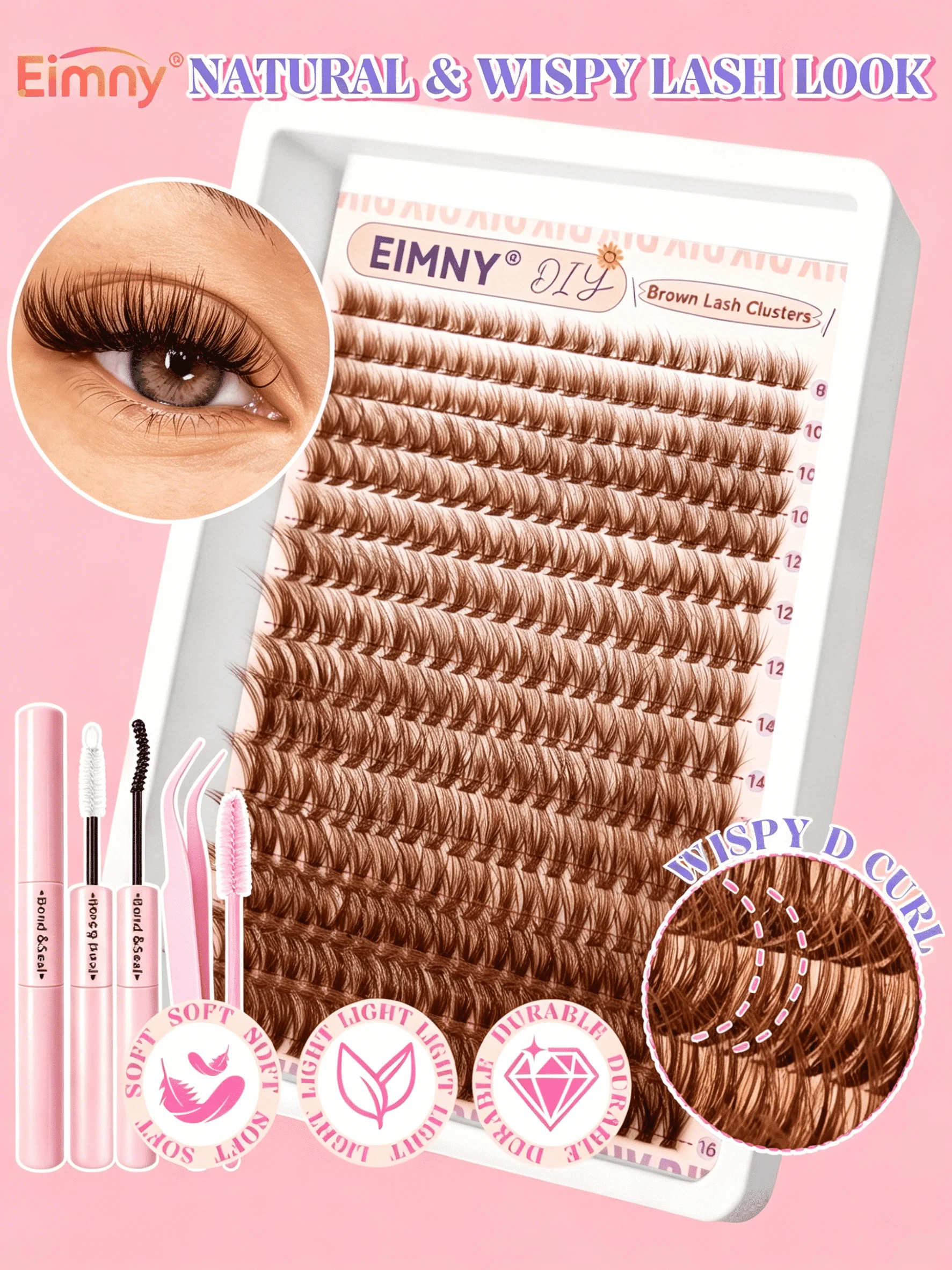 EIMNY 300-teiliges braunes Wimpern-Cluster-Set, warme braune Wimpern passen perfekt zu hellbraunen Haartönen, lang und für Anfänger geeignet