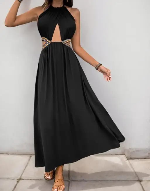 Novo vestido feminino elegante e maduro sem mangas com gola halter e design recortado com cintura embelezada e costas abertas