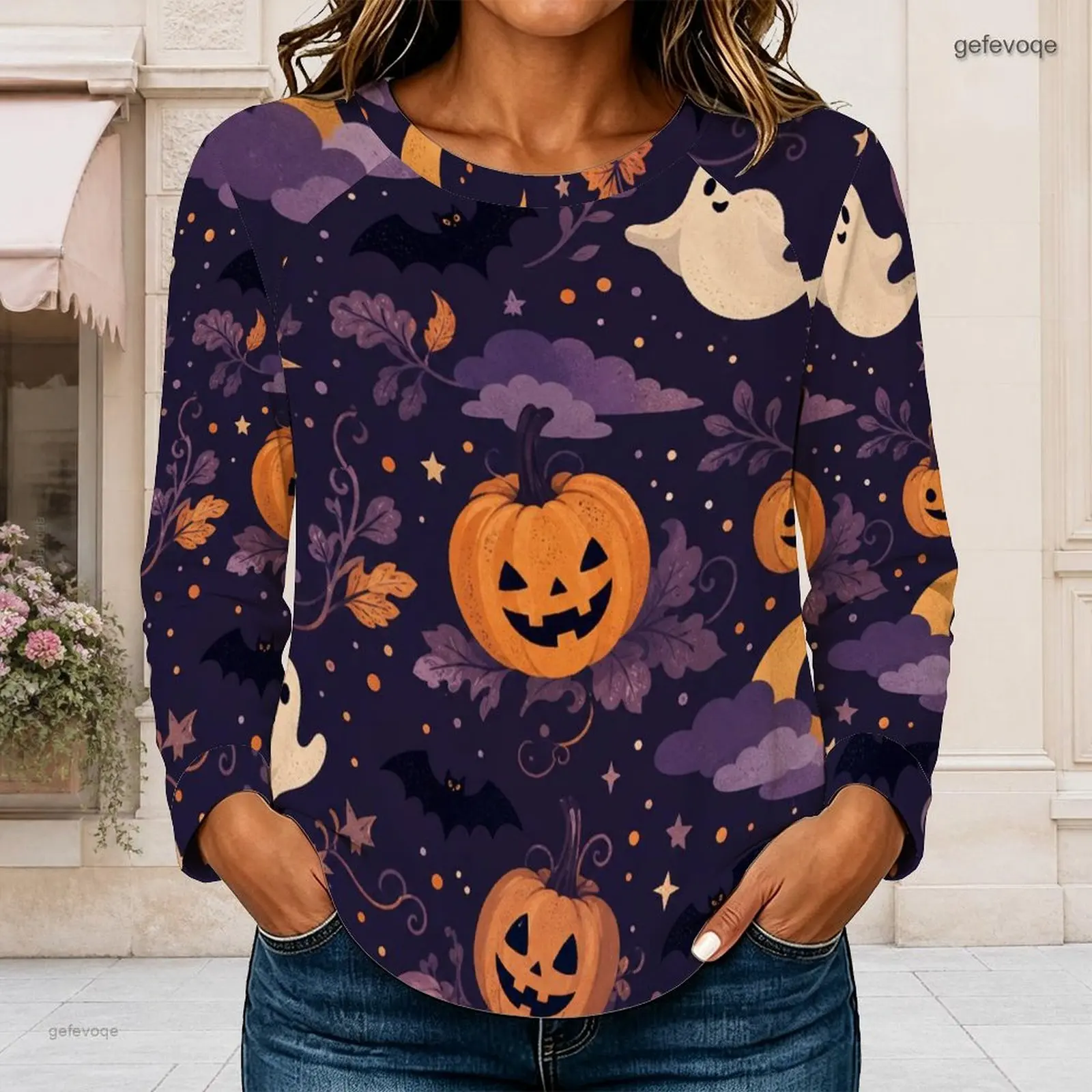 Women Round Neck Long Sleeve Curved Hem Top, Dark Purple Printed with Halloween Pumpkin Ghost Bat Pattern
