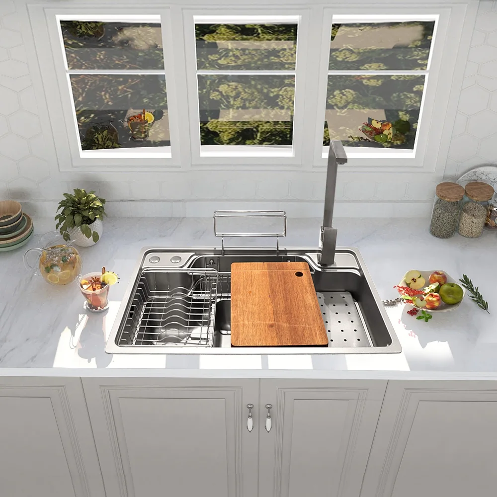 Modern Single Bowl Stainless Steel 201/304 Rectangular Kitchen Sink Without Faucet One Hole Top Mount Satin Finish