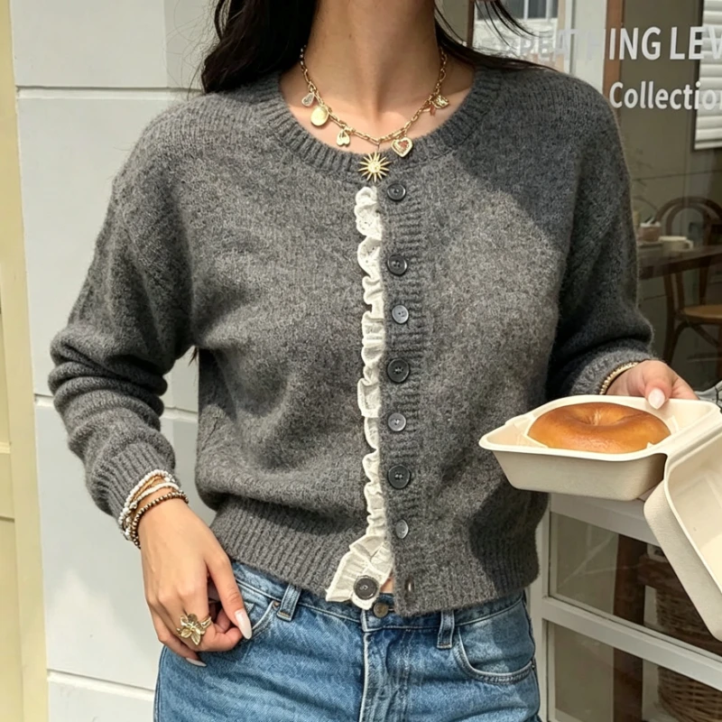 New Women Short Knitted Cardigan Lace Splicing Soft Knit Sweater Long Sleeve Button Down Versatile Casual Korean Style Outerwear