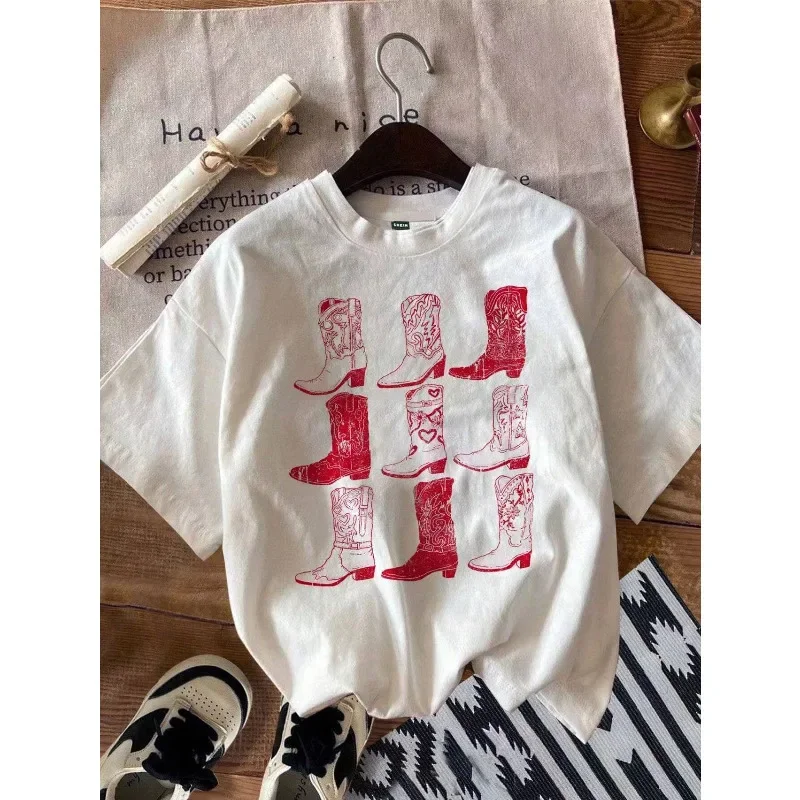 

Ретро ботинки с принтом в западном стиле, повседневная женская футболка с короткими рукавами, винтажные топы с графическим рисунком, хлопковая дышащая женская одежда