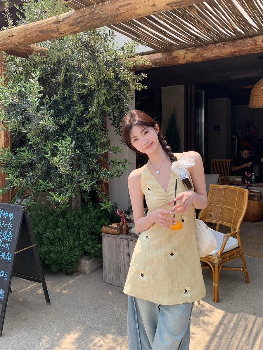 فستان صيفي جديد أصفر بدون أكتاف وياقة على شكل V للنساء، فستان بخصر مرتفع وتصميم A-line، أنيق وبسيط للعمل، فستان G عصري #4