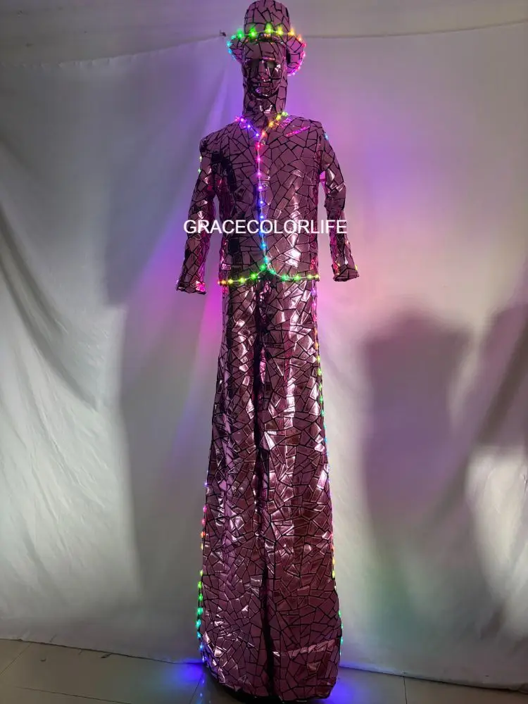 Costume da robot da passeggio con trampoli per tutto il corpo con luci a LED, paillettes scintillanti per spettacoli teatrali per adulti, spettacoli di eventi cosplay