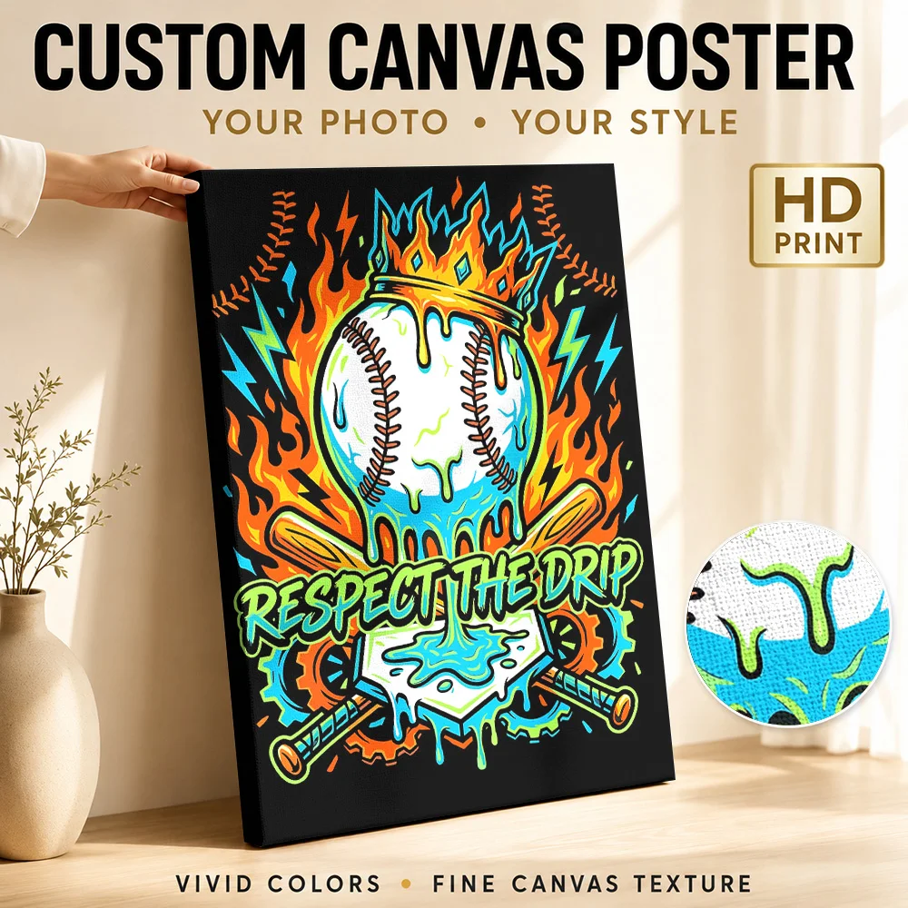 Respect The Drip Baseball – Fire Crown Streetwear Sports Framed Canvas Print Poster Personalized Athlete Wall Art for Gym Decor