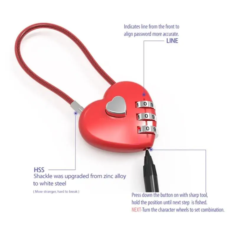 Heart Wish-Lock for Lovers Wedding Mini Code Lock Combination Padlock for Travel Bags Suitcase Long Wire Rope-Lock