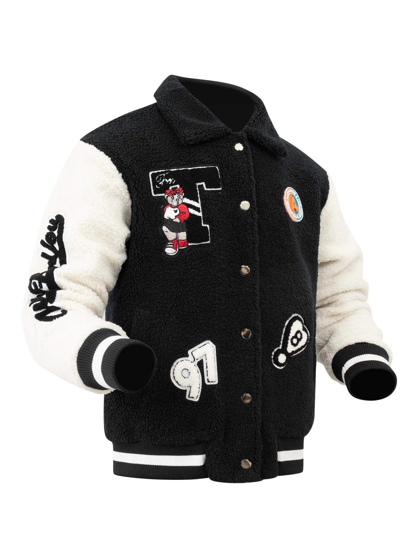 Men's Cartoon Letters Embroidery Polar Fleece Jacket Vintage Lapel Buttons Thick Casual Coats for Fall and Winter
