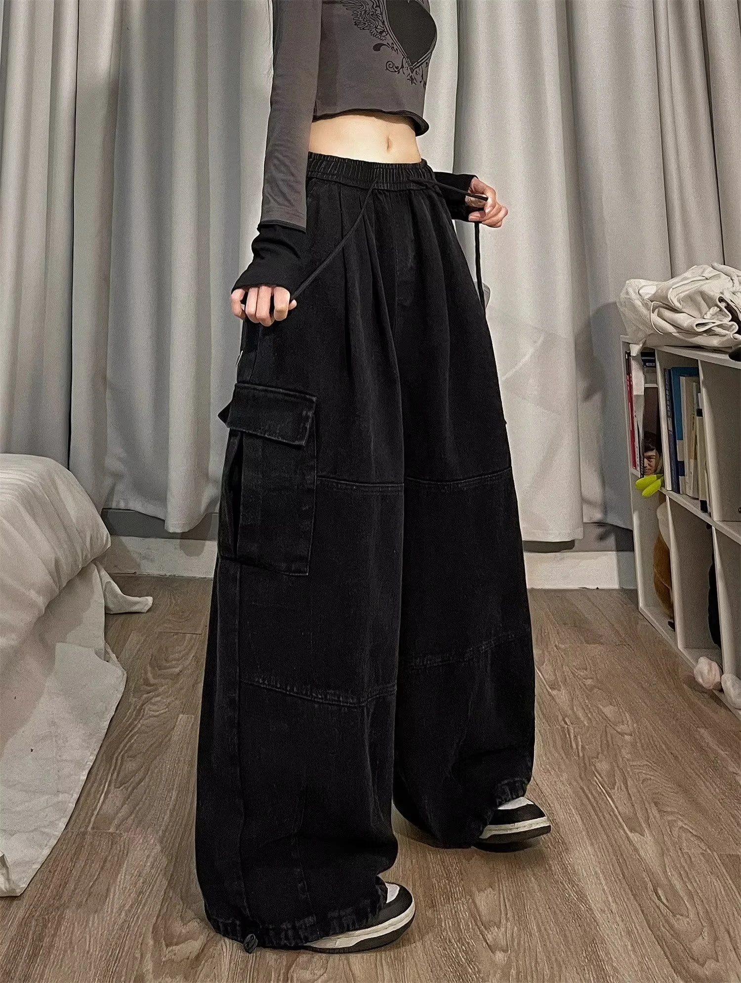Cargo Pants Women Solid Color Japanese Loose Thin Straight Wide-leg High Waist Trousers High Street Basics Casual Pants Female