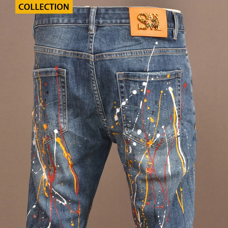 High Street Fashion Men Jeans Retro Blue Elastic Skinny Ripped Jeans Men Vintage Trousers Painted Designer Hip Hop Pants Hombre