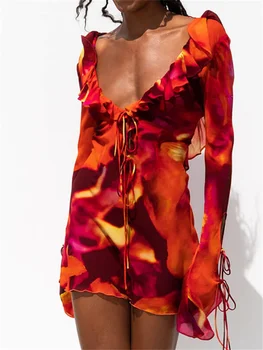 CHRONSTYLE – Mini robe courte à volants Y2K pour femmes, Sexy, décolletée plongeante en v, coupe cintrée, maille transparente, vêtements de plage, été, 2023