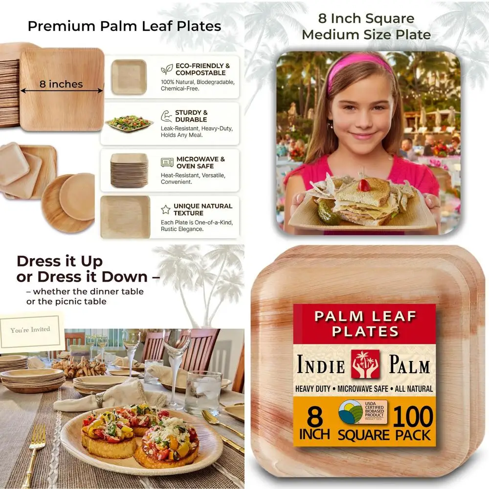 

100 Pack 8 Inch Square Disposable Palm Leaf Plates - Heavy Duty, 100% Compostable & Biodegradable - Eco-Friendly Party and Event